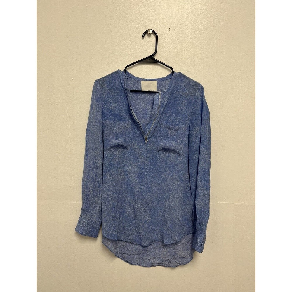 3.1 Phillip Lim 100% Silk Zip Up Shirt Blouse Blue Long Sleeve Size M
